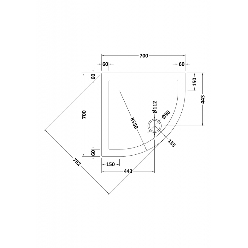 Slate Grey Quadrant Shower Tray 700mm x 700mm  - Technical