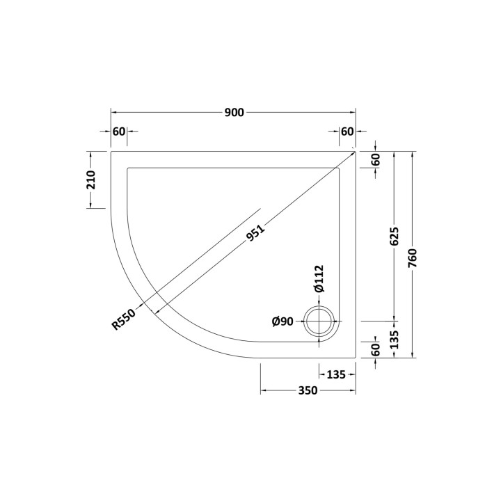 Offset Quadrant Shower Tray Left Handed 900mm x 760mm  - Technical
