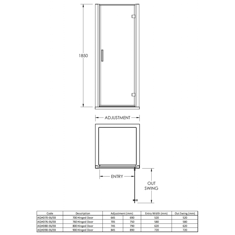 Pacific 6mm Hinged Shower Door with Square Handles  - Technical