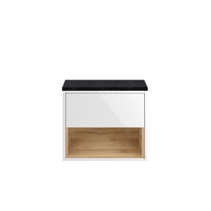 Coast Gloss White & Natural Oak Wall Hung 600mm Cabinet & Sparkling Black Worktop