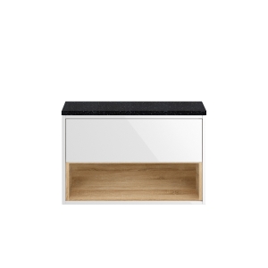 Coast Gloss White & Natural Oak Wall Hung 800mm Cabinet & Sparkling Black Worktop