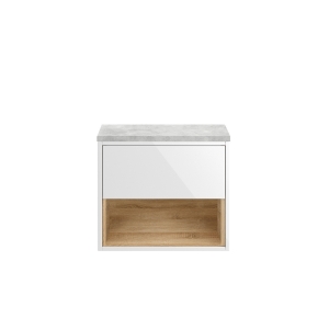 Coast Gloss White & Natural Oak Wall Hung 600mm Cabinet & Grey Worktop