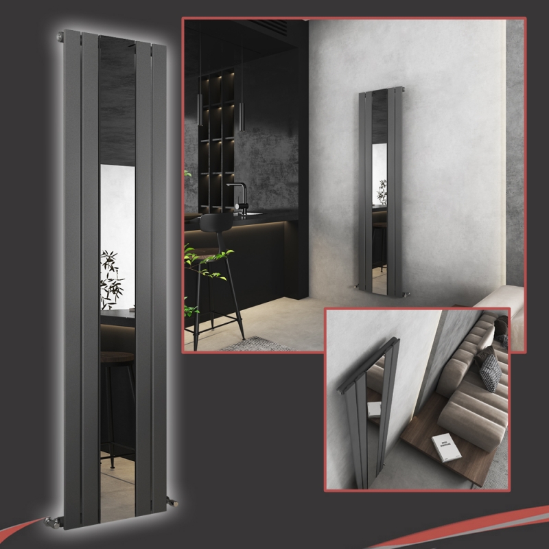 458mm (w) x 1800mm (h) Corwen Anthracite Flat Panel Vertical Mirror Radiator