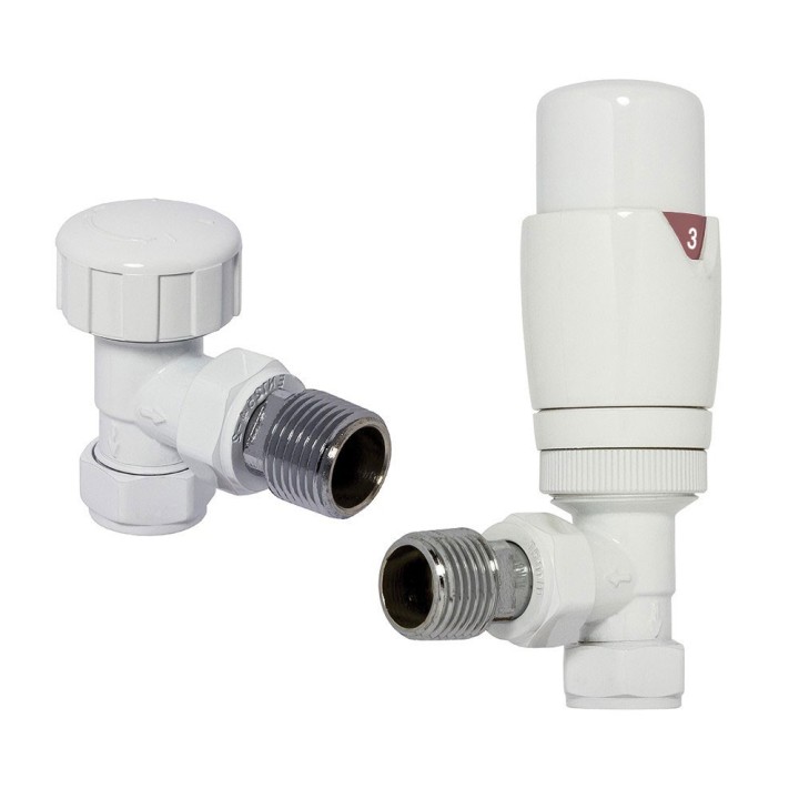 White Thermostatic Valves for Radiators & Towel Rails (Pair of Angled, Straight or Corner)