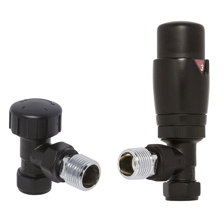 Black Angled Thermostatic Valves for Radiators & Towel Rails (Pair of Angled, Straight or Corner)