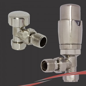 Angled Brushed Nickel Thermostatic Valves for Radiators & Towel Rails (Pair of Angled, Straight or Corner)