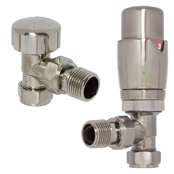 Angled Brushed Nickel Thermostatic Valves for Radiators & Towel Rails (Pair of Angled, Straight or Corner)