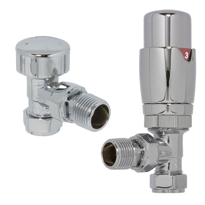 Angled Chrome Thermostatic Valves for Radiators & Towel Rails (Pair of Angled, Straight or Corner)