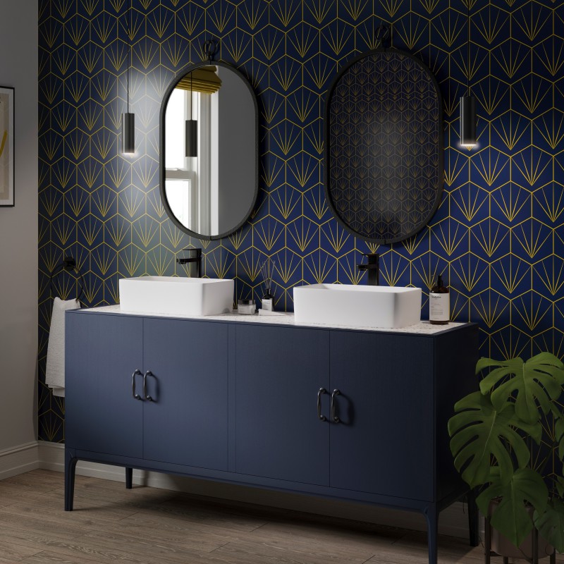 Navy & Mustard Deco Tile Patterned Acrylic - Showerwall Panel - Insitu
