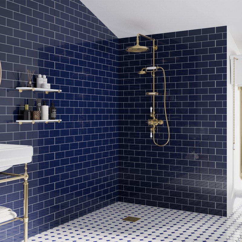 Navy Subway Patterned Acrylic - Showerwall Panel - Insitu