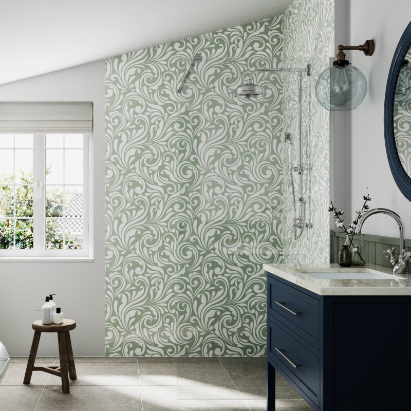 Sage Victorian Floral Print Acrylic - Showerwall Panel - Insitu