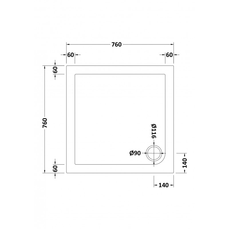 Slip Resistant Square Shower Tray 760 x 760mm - Technical Drawing