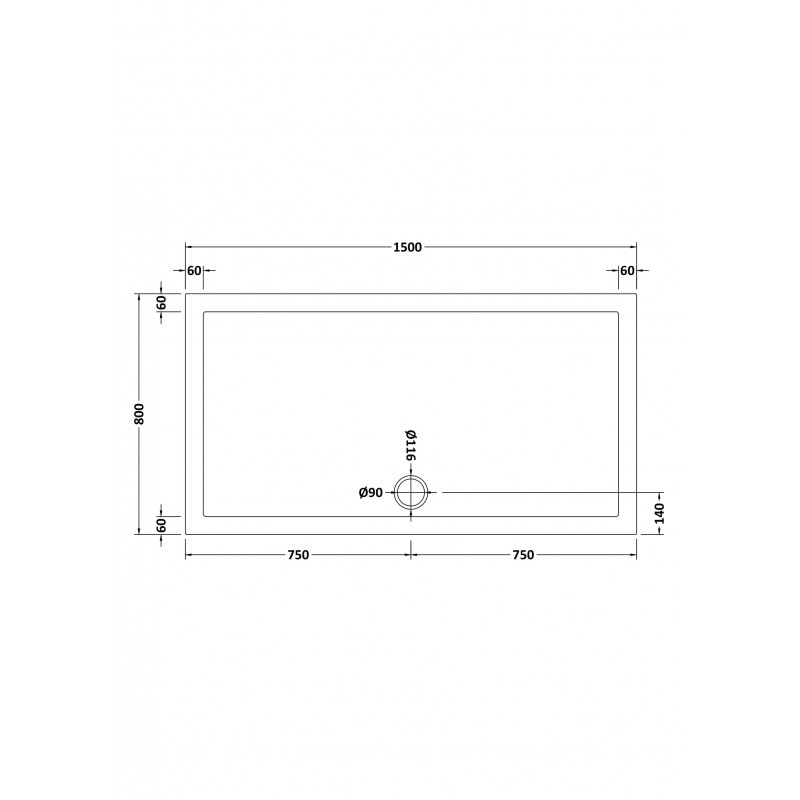 Slip Resistant Rectangular Shower Tray 1500 x 800mm - Technical Drawing