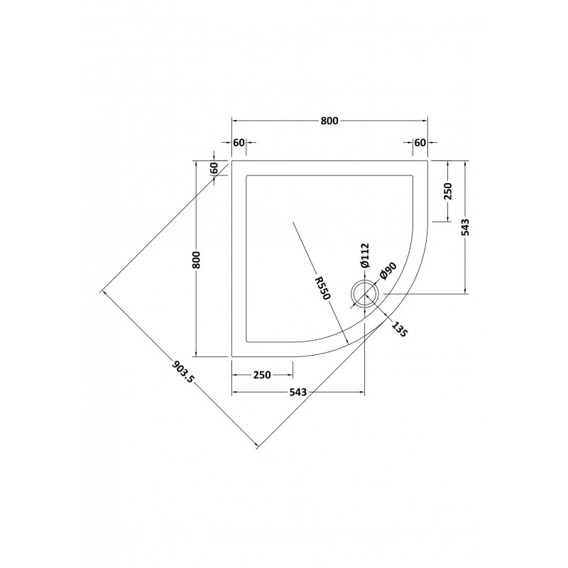 Slip Resistant Quadrant Shower Tray 800 x 800mm - Technical Drawing