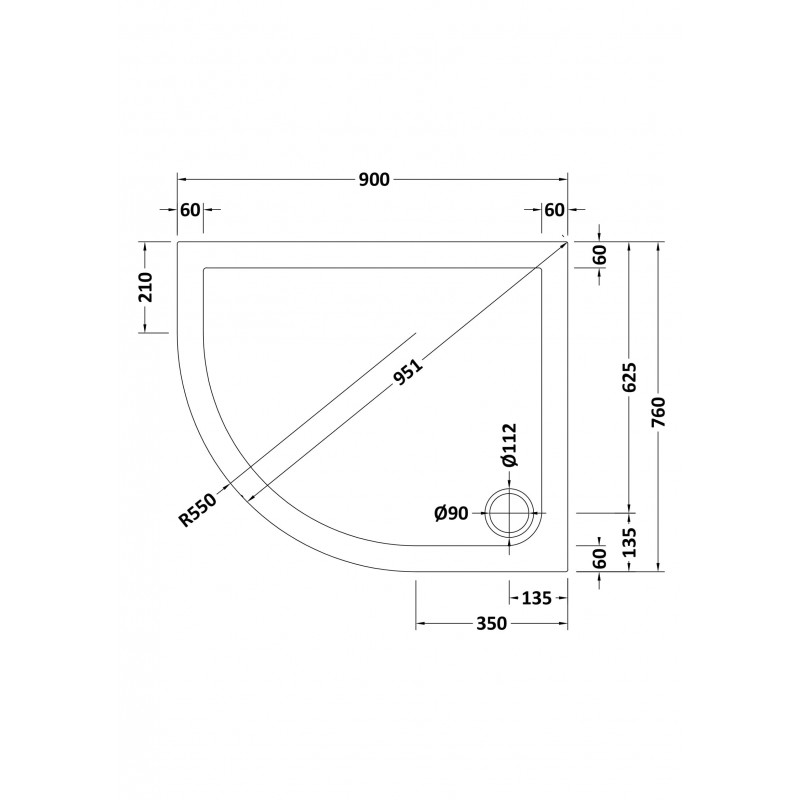 Slip Resistant Offset Quadrant Shower Tray LH 900 x 760mm - Technical Drawing