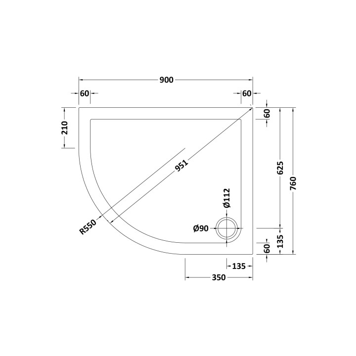 Slip Resistant Offset Quadrant Shower Tray LH 900 x 760mm - Technical Drawing