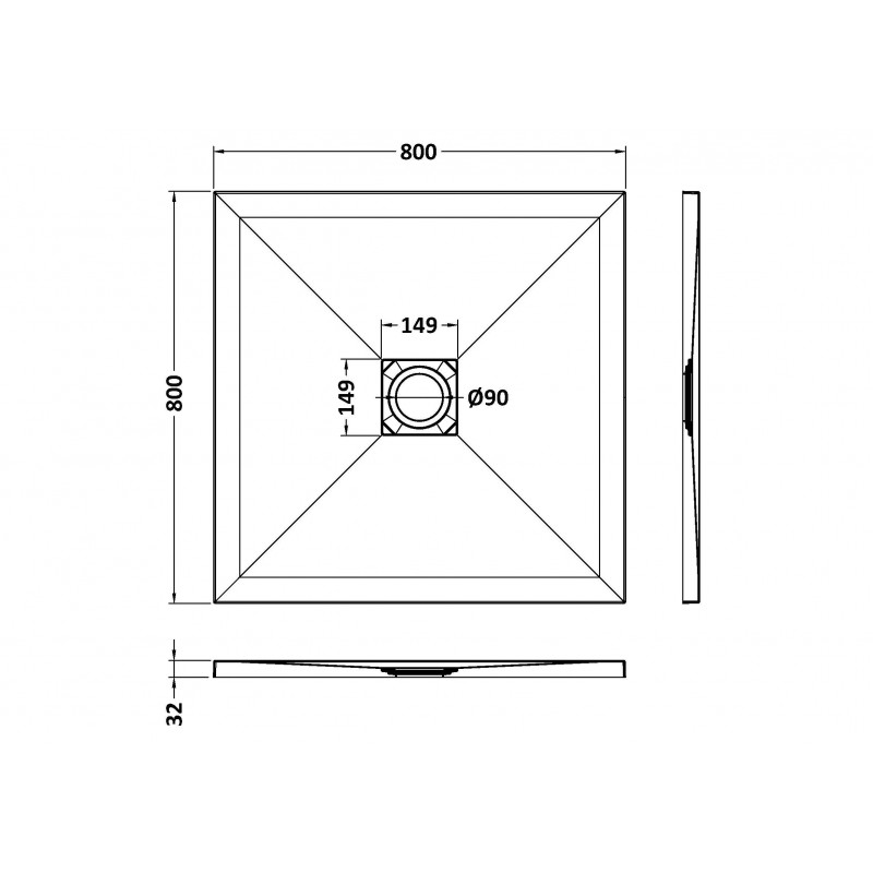 White Slate Slimline Square Shower Tray 800 x 800mm - Technical Drawing