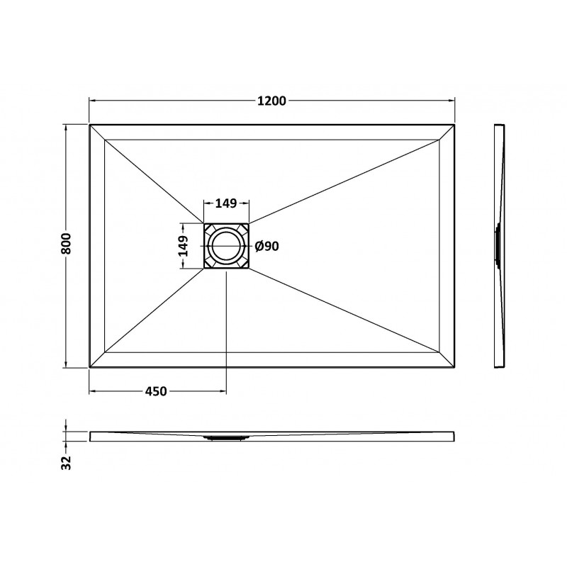 White Slate Slimline Rectangular Shower Tray 1200 x 800mm - Technical Drawing