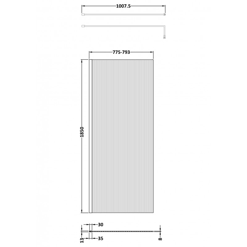 Matt Black Fluted Wetroom Glass Screen 800 x 1850 x 8mm - Technical Drawing