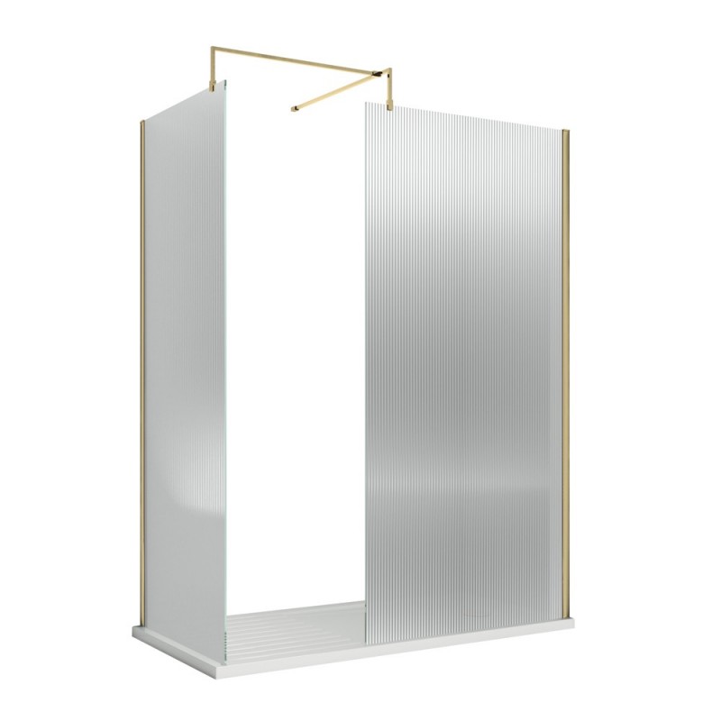 Brushed Brass Fluted Wetroom Glass Screen 800 x 1850 x 8mm - Insitu