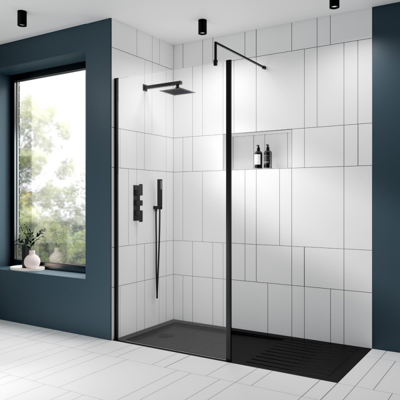 Matt Black Outer Framed Wetroom Screen with Support Bar 700 x 1850 x 8mm - Insitu