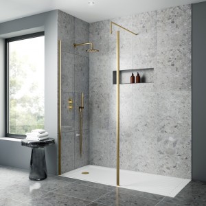 Brushed Brass Outer Framed Wetroom Screens with Support Bar