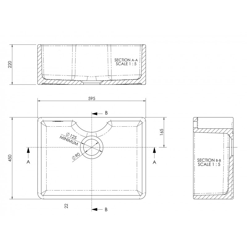 Fireclay Butler Sink with Tap Ledge 595 x 450 x 220mm - Technical Drawing