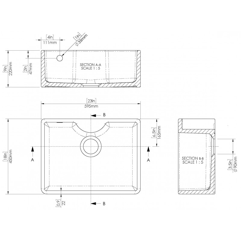 Fireclay Butler Sink with Tap Ledge & Overflow 595 x 450 x 220mm - Technical Drawing