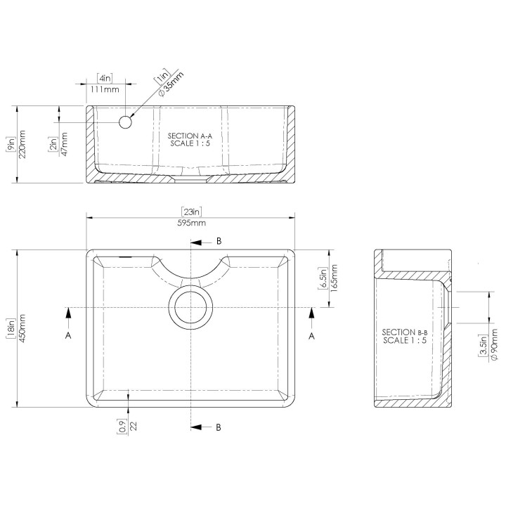 Fireclay Butler Sink with Tap Ledge & Overflow 595 x 450 x 220mm - Technical Drawing