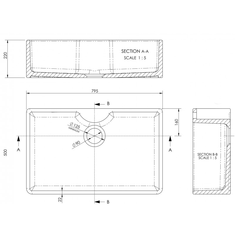 Fireclay Butler Sink with Tap Ledge 795 x 500 x 220mm - Technical Drawing