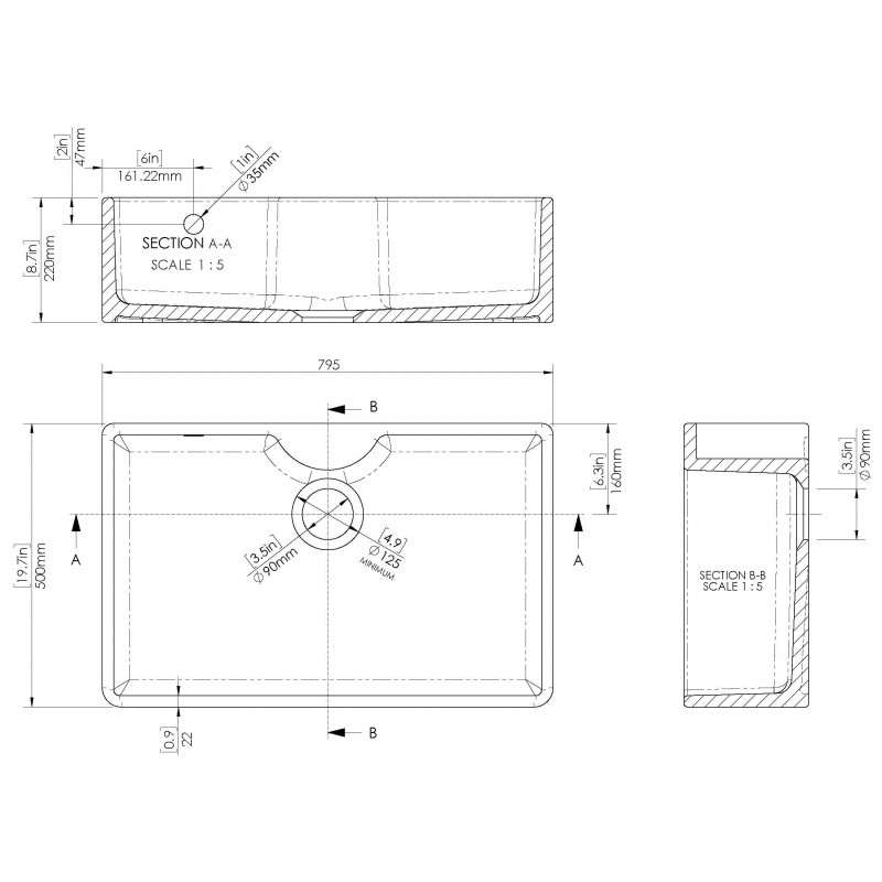 Fireclay Butler Sink with Tap Ledge & Overflow 795 x 500 x 220mm - Technical Drawing