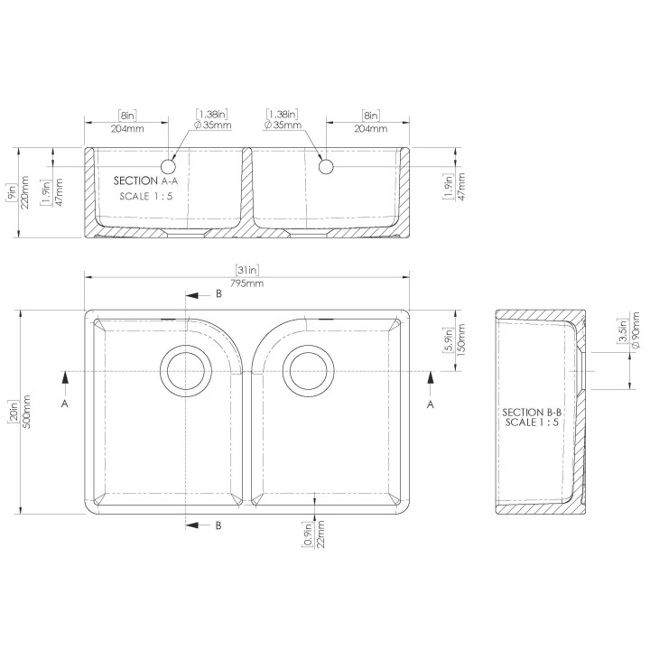 Fireclay Butler Sink 2 Bowl with Flush Weir & Overflows 795 x 500 x 220mm - Technical Drawing
