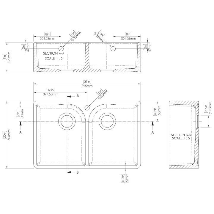 Fireclay Butler Sink 2 Bowl with Flush Weir, Tap Hole & Overflows 795 x 500 x 220mm - Technical Drawing