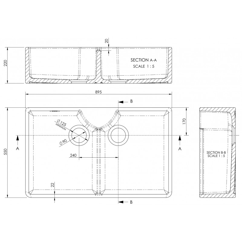 Fireclay Butler Sink with Stepped Weir 895 x 550 x 220mm - Technical Drawing