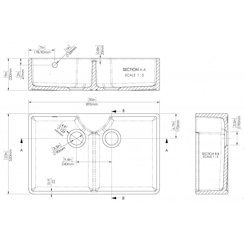 Fireclay Butler Sink  with Stepped Weir & Overflows 895 x 550 x 220mm - Technical Drawing