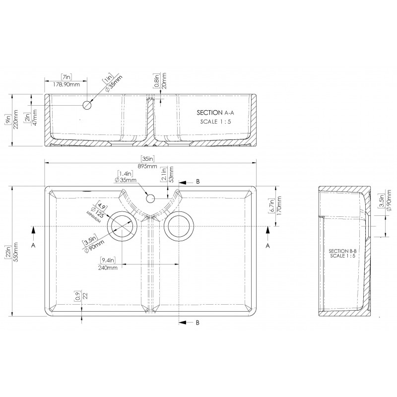 Fireclay Butler Sink  with Stepped Weir, Tap Hole & Overflows 895 x 550 x 220mm - Technical Drawing