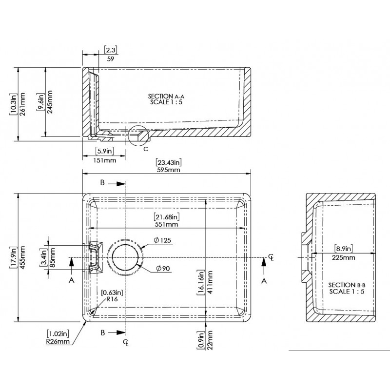 Fireclay Belfast Sink 595 x 455 x 254 90W - Technical Drawing