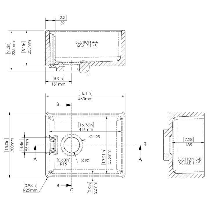 Fireclay Belfast Sink 445 x 380 x 205 90W - Technical Drawing