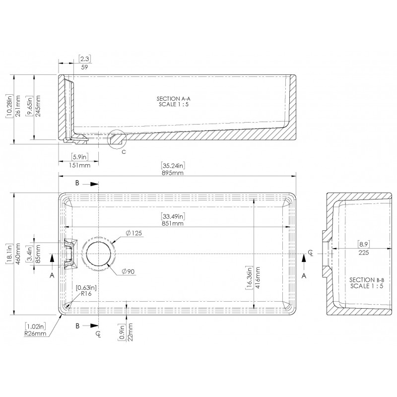 Fireclay Belfast Sink 895 x 460 x 245 90W - Technical Drawing