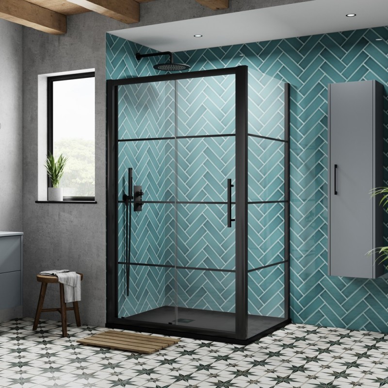 Apex Matt Black 1200mm Sliding Shower Door - Insitu