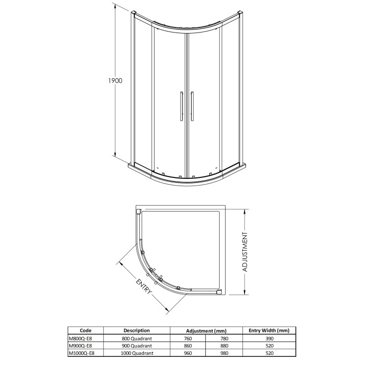 Apex Matt Black Quadrant Shower Enclosure 900 x 900mm - Technical Drawing