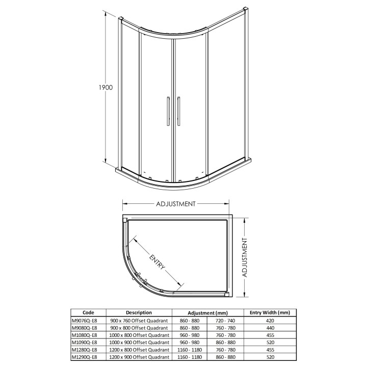 Apex Chrome Offset Quadrant Shower Enclosures - 4 Sizes