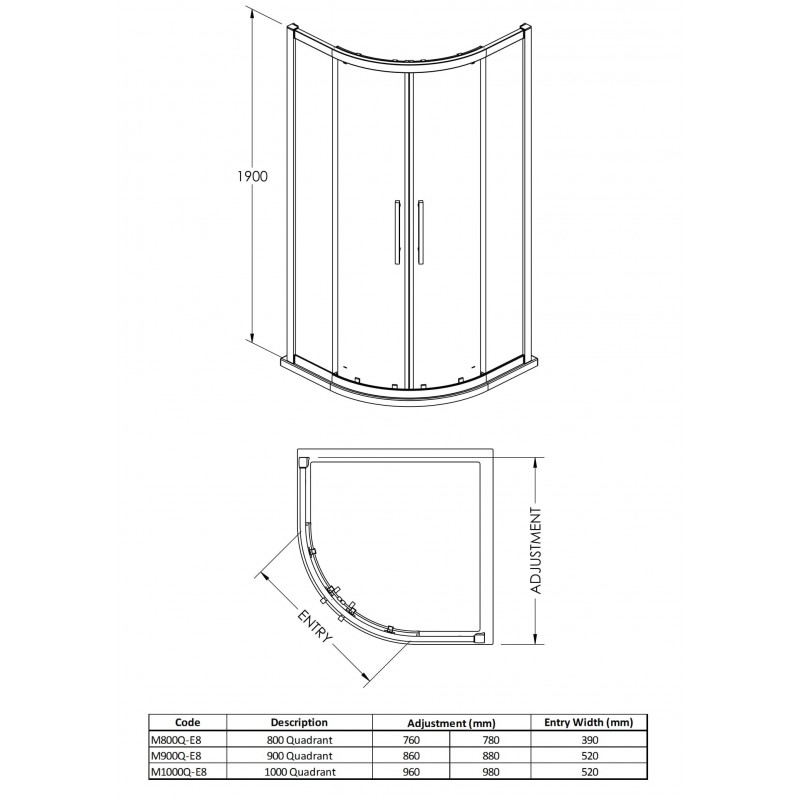 Apex Chrome Quadrant Shower Enclosure 800x800mm - Technical Drawing