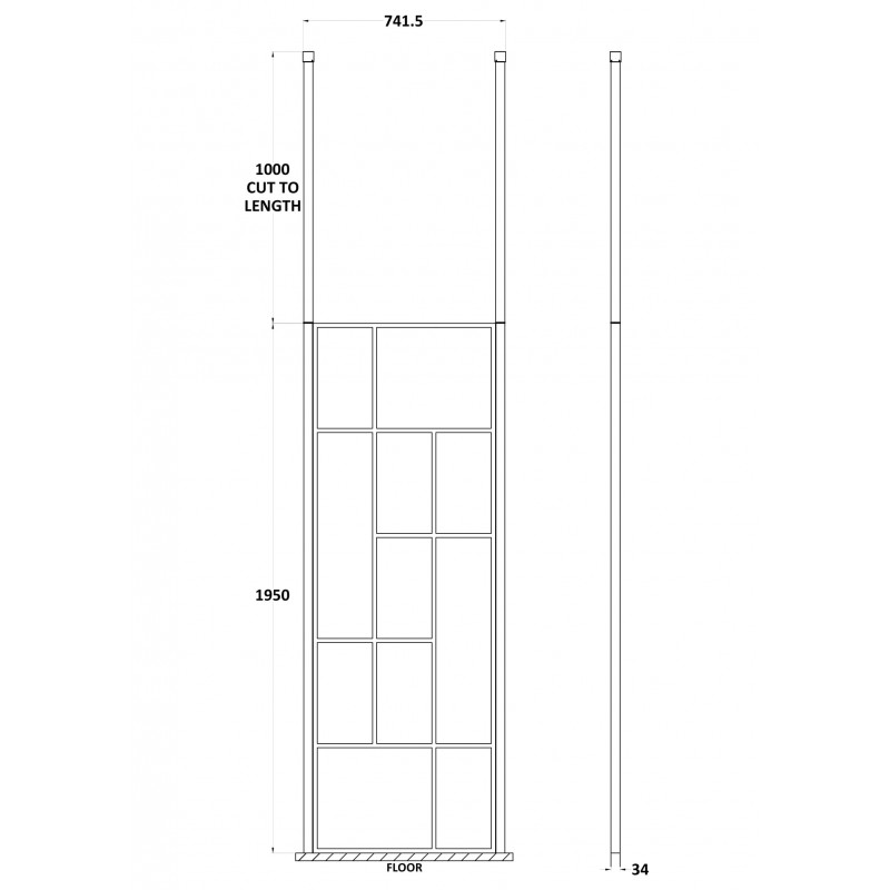 Matt Black 700mm Abstract Frame Wetroom Screen with Ceiling Posts - Technical Drawing