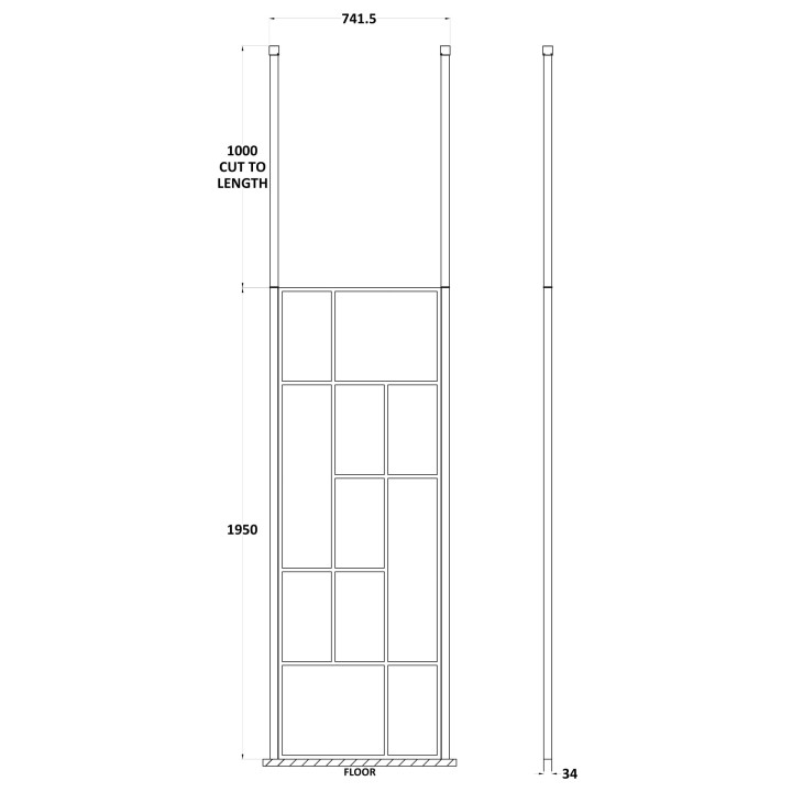Matt Black 700mm Abstract Frame Wetroom Screen with Ceiling Posts - Technical Drawing