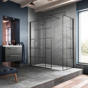 Matt Black Abstract Frame Wetroom Screens with Support Bars