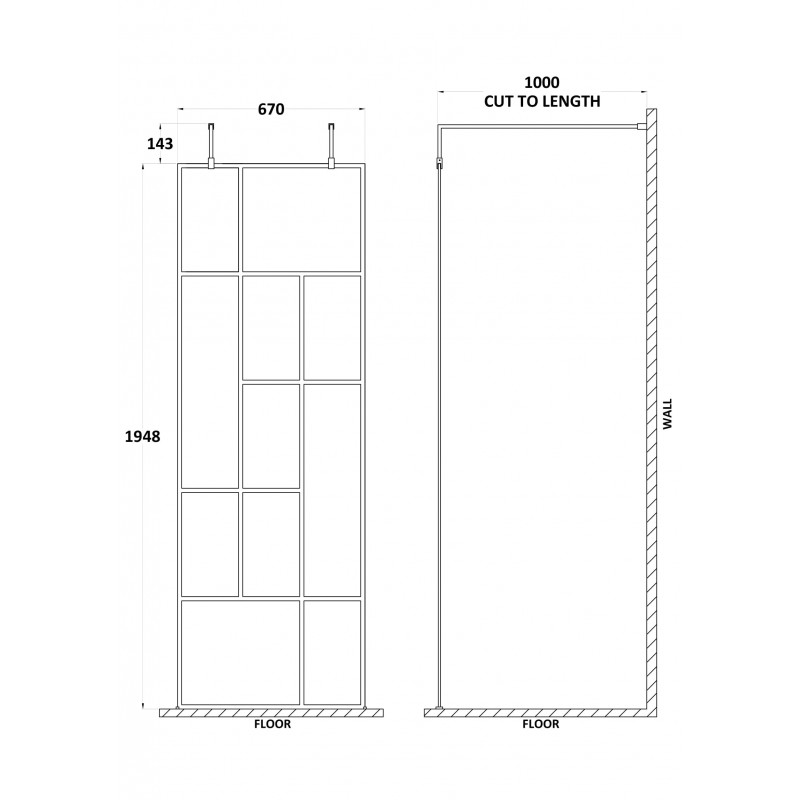 Matt Black 700mm Abstract Frame Wetroom Screen with Support Bars - Technical Drawing