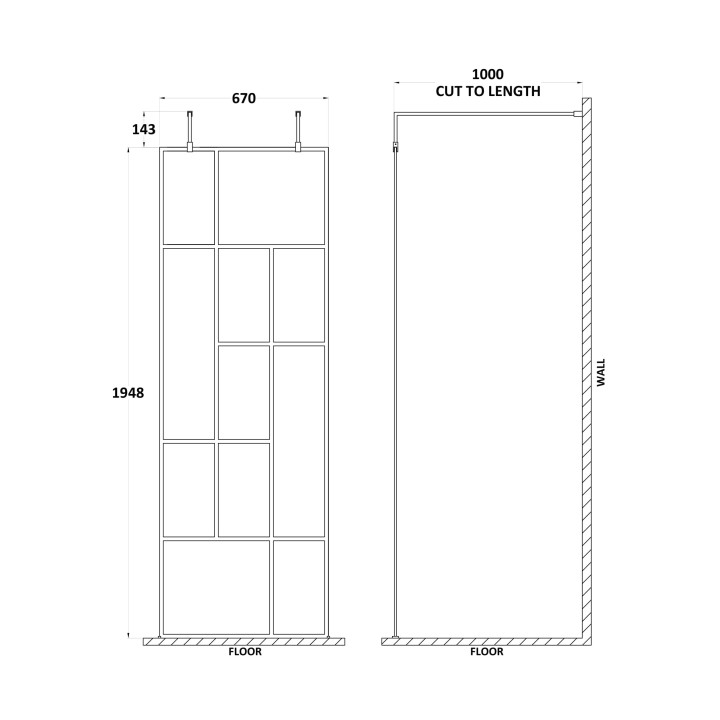 Matt Black 700mm Abstract Frame Wetroom Screen with Support Bars - Technical Drawing