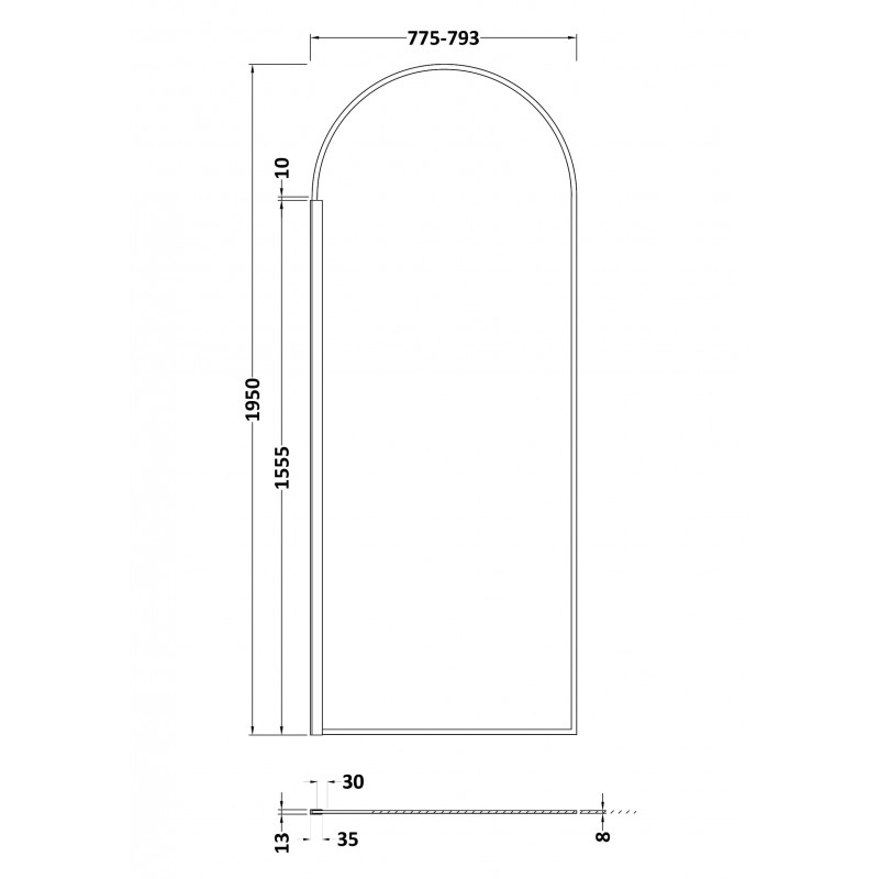 Outer Framed Matt Black 800mm Arched Wetroom Screen - Technical Drawing