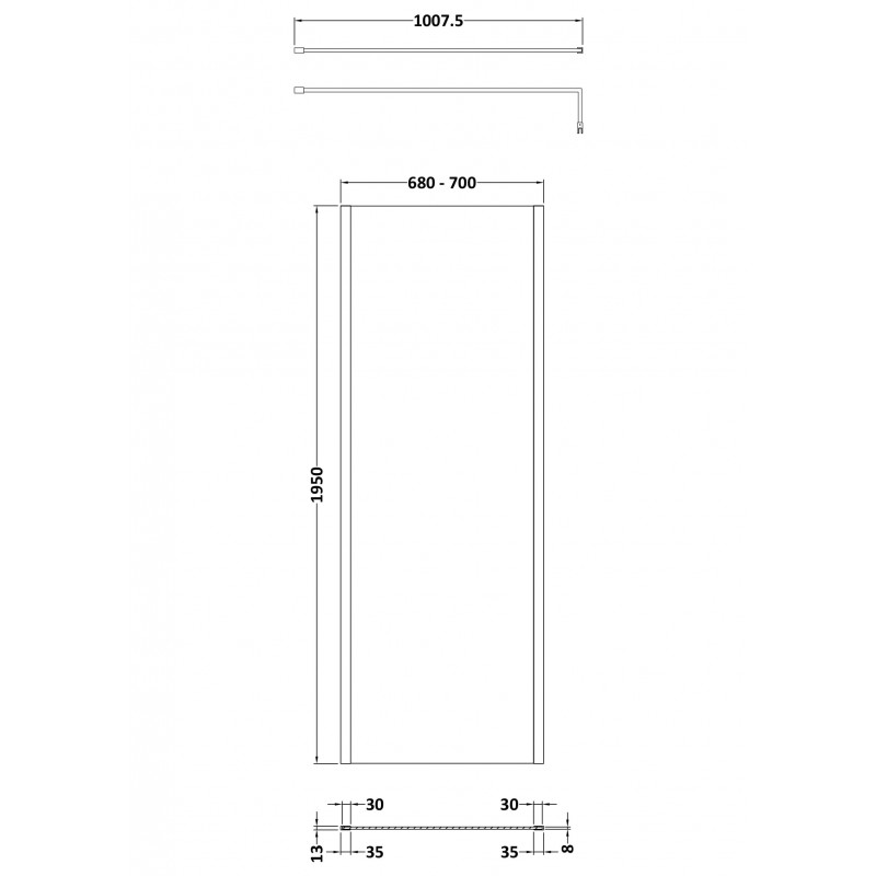 Outer Framed Matt Black 700mm Outer Framed Wetroom Screen with Support Bar - Technical Drawing